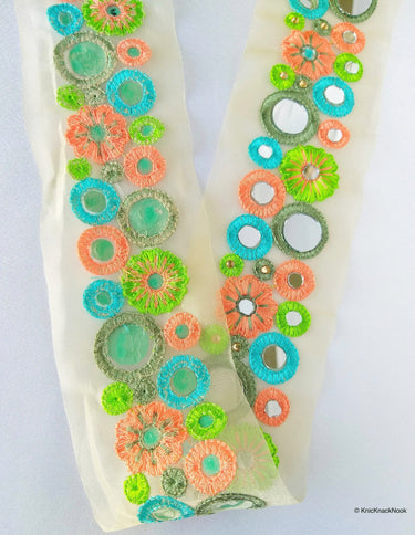 Gold Sheer Tissue Fabric Trim With Red / Pink / Coral And Green Circles and Floral Embroidery With Mirror Embellishments, Approx. 65mm
